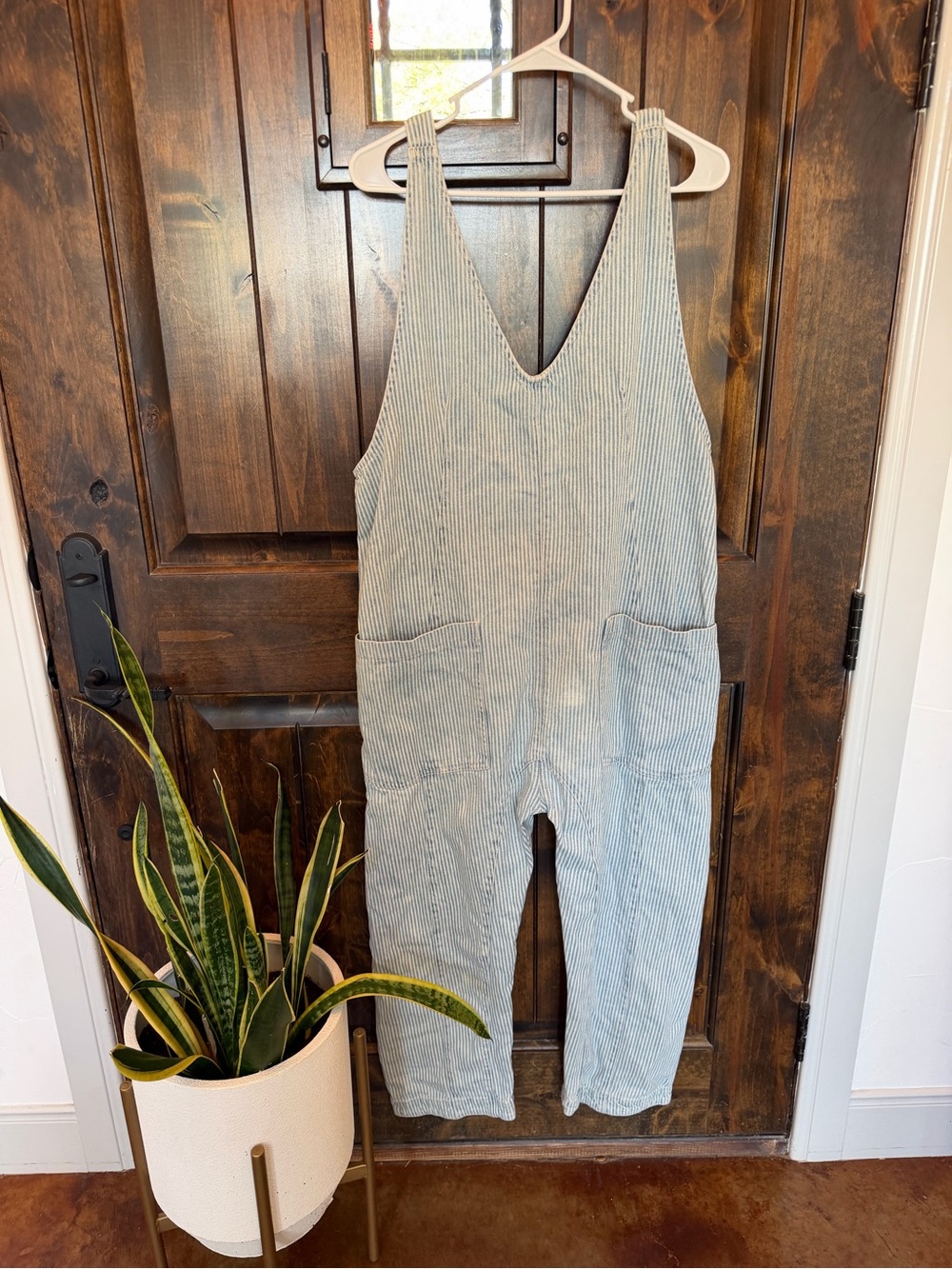 Free People Light Blue and White Striped Cotton Overalls Jumpsuit - Picture 7 of 8